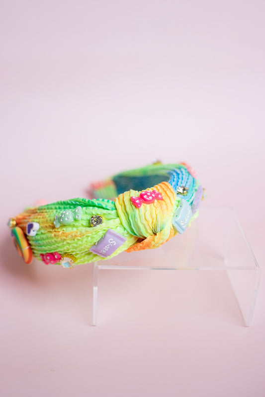 Crinkle Candy Charm Headband | Neon Rainbow Tie Dye