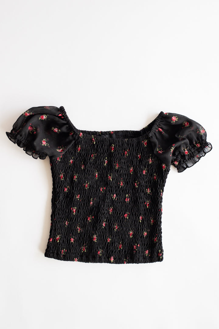 Chiffon Puff Sleeve Smocked Top | Black Rose