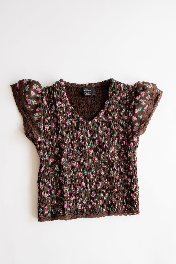 Chiffon Cap Sleeve Smocked Top | Brown + Pink Floral