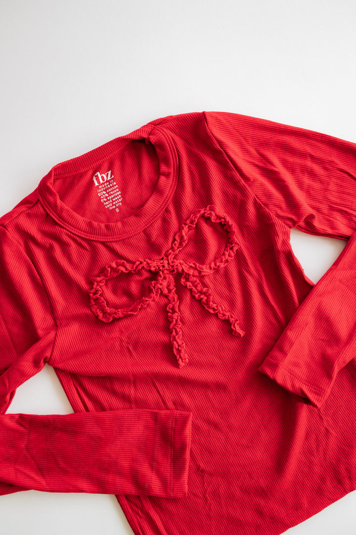 Lace Bow Ribbed Long Sleeve | Red