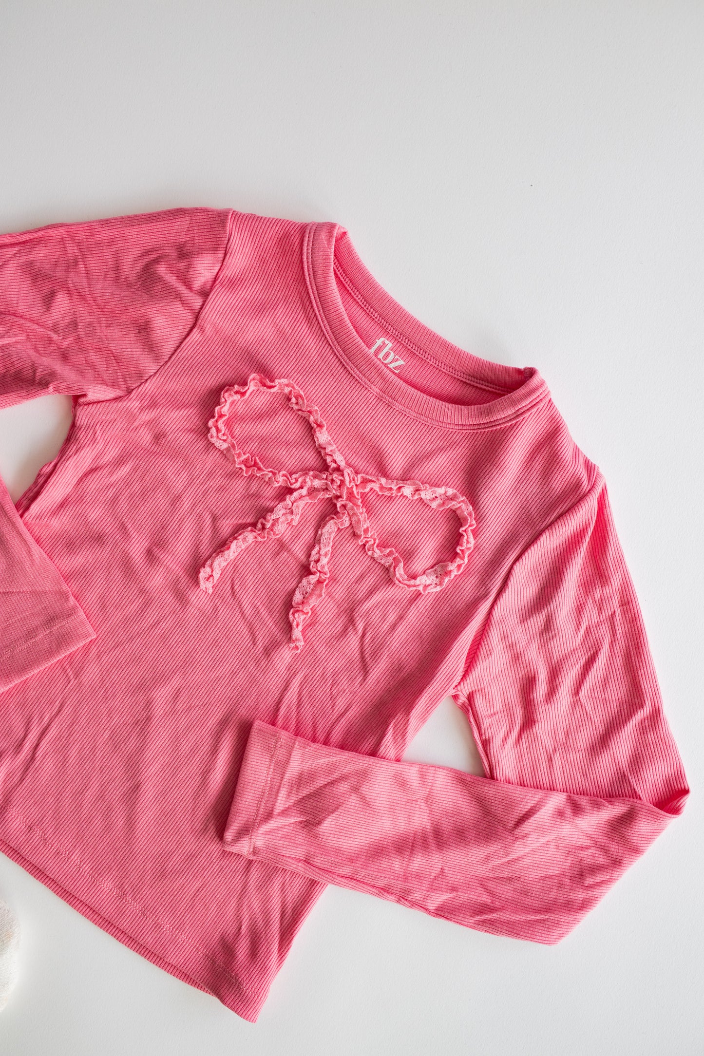 Lace Bow Ribbed Long Sleeve | Pink