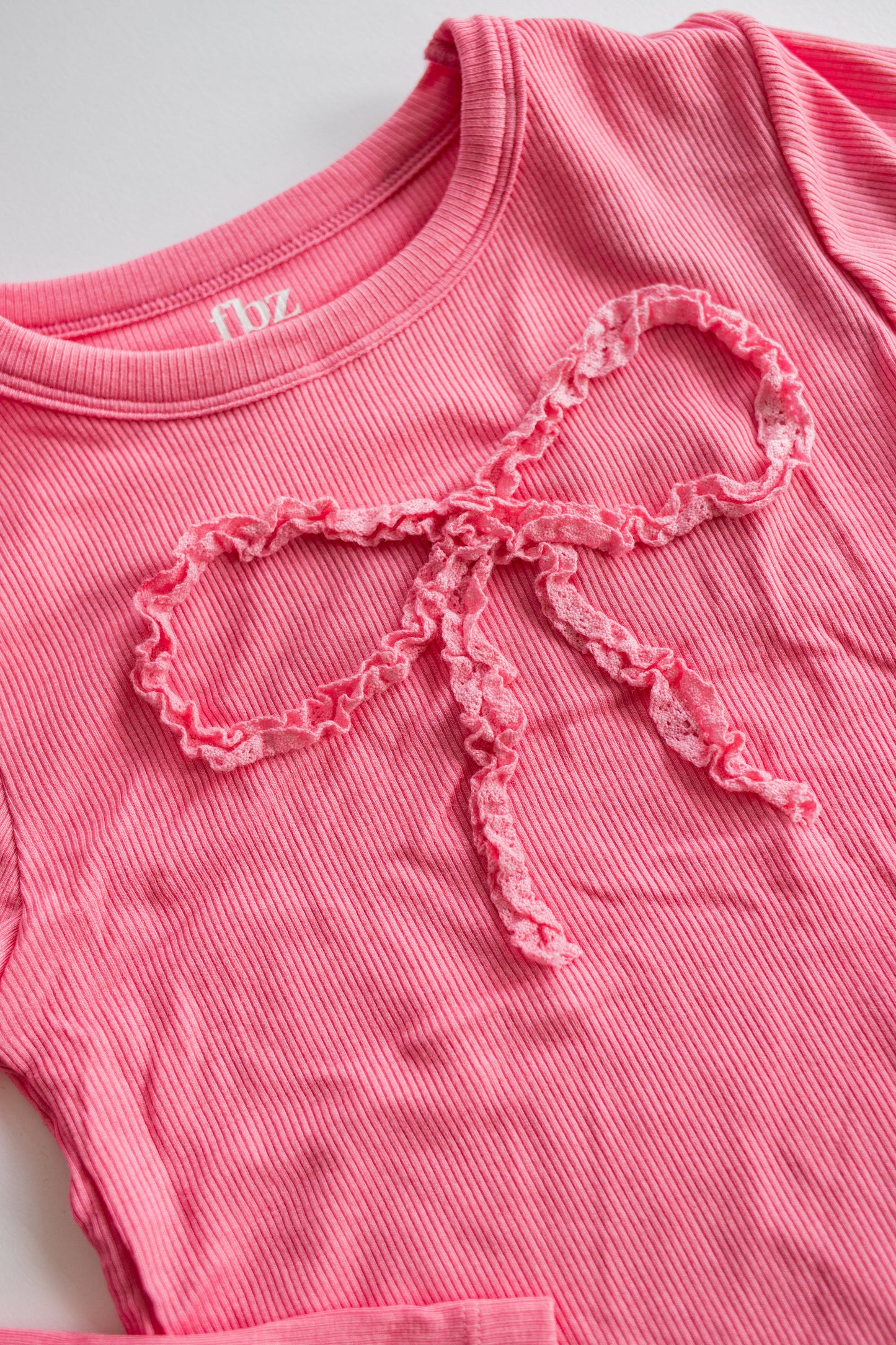 Lace Bow Ribbed Long Sleeve | Pink