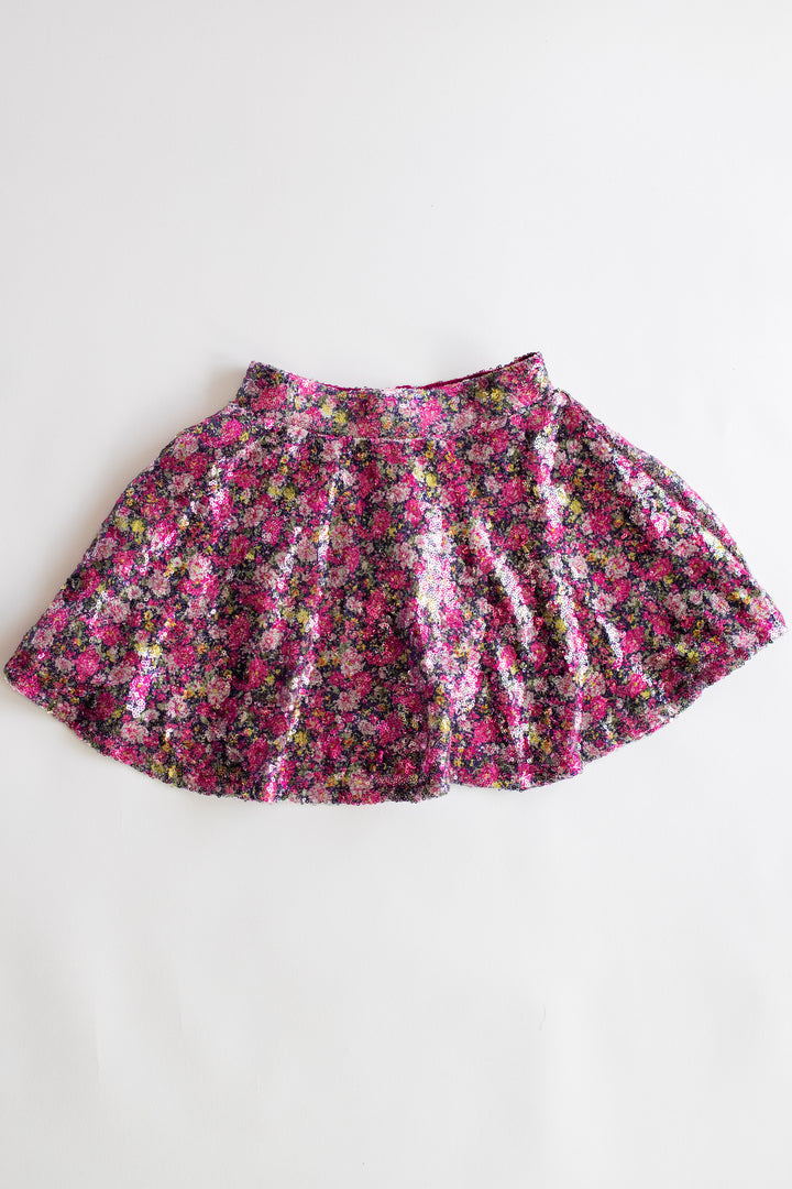 Pleated Floral Sequin Skirt | Pink