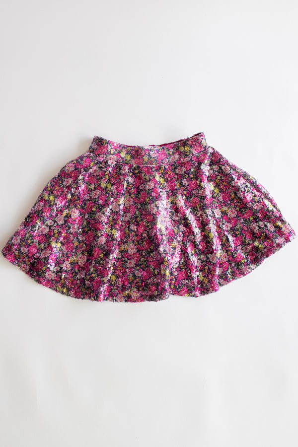 Pleated Floral Sequin Skirt | Pink