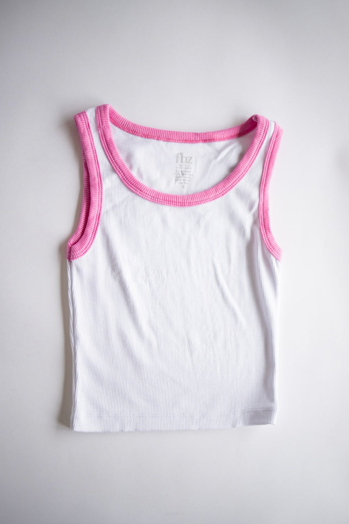 Pink Trim Ribbed Tank | White