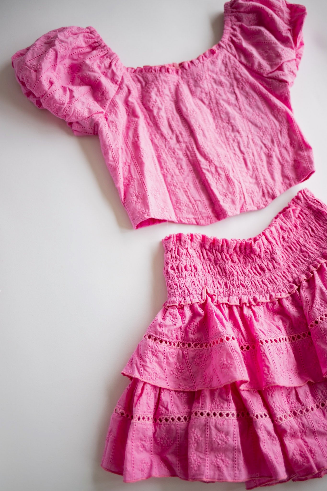 Eyelet Stripe Puff Sleeve Top | Pink