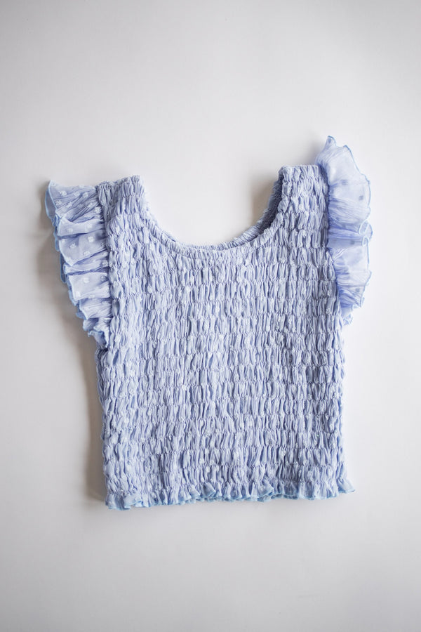 Chiffon Dot Smocked Ruffle Sleeve Top | Light Blue