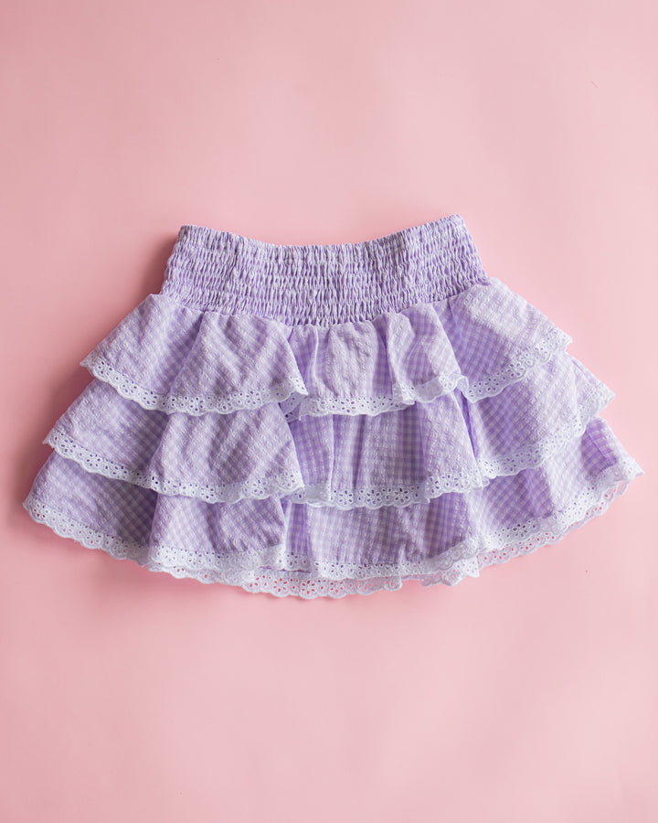 Lace Trim Tiered Skirt | Lavender Gingham