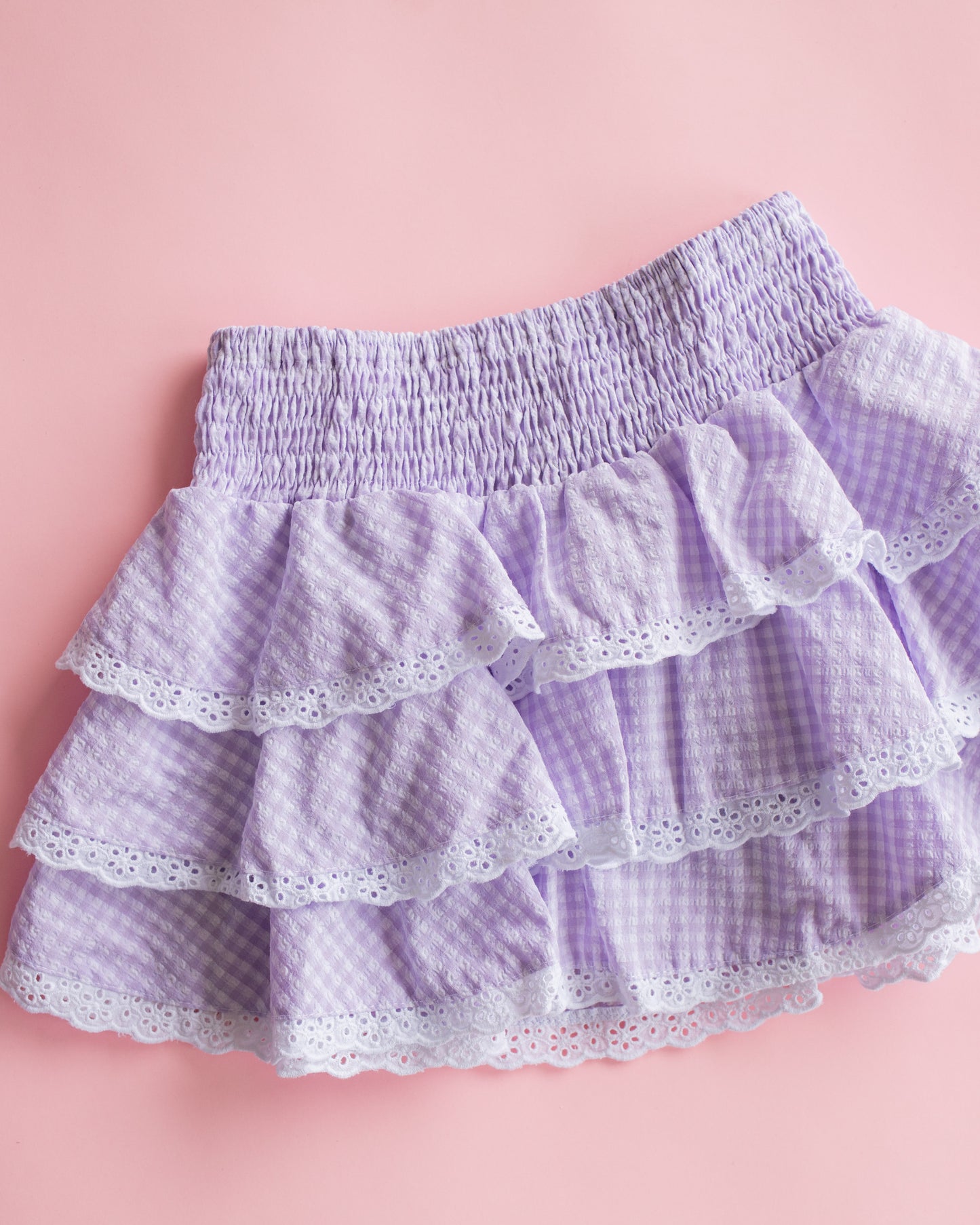 Lace Trim Tiered Skirt | Lavender Gingham