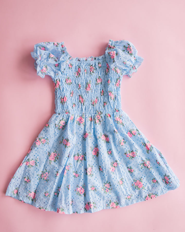 Smocked Eyelet Dress | Blue and Pink Floral
