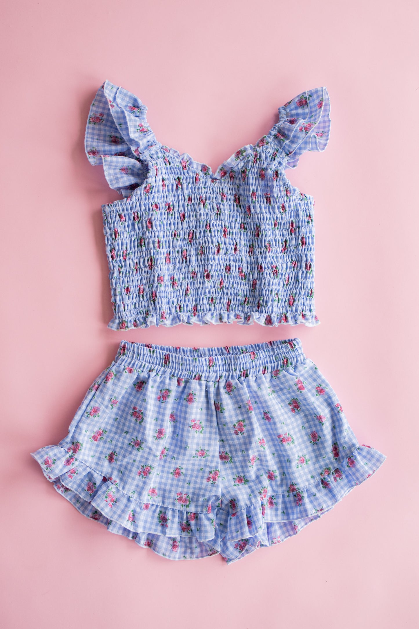Ruffle Short | Blue Floral Gingham
