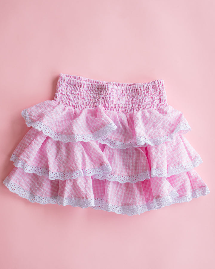 Tiered Skirt with Eyelet Trim| Pink Gingham
