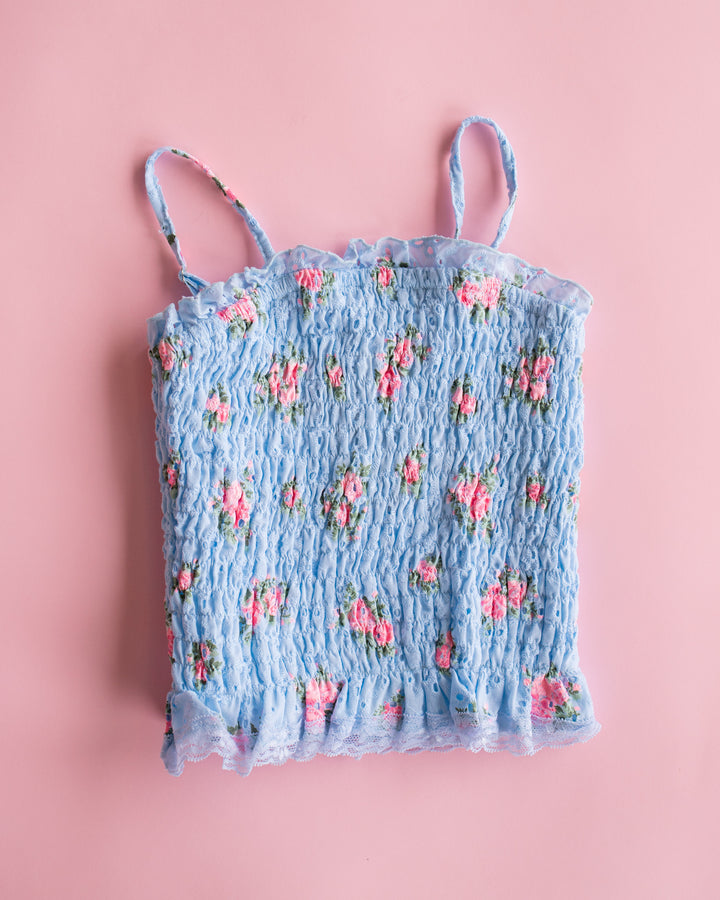 Eyelet Smocked Top | Blue and Pink Floral