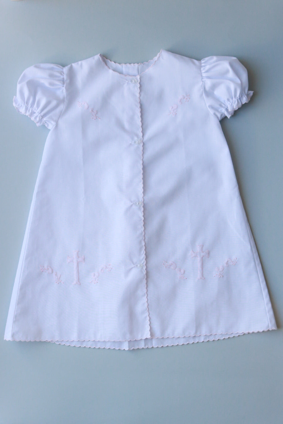Scallop Trim Cross Embroidered Daygown | White/Pink