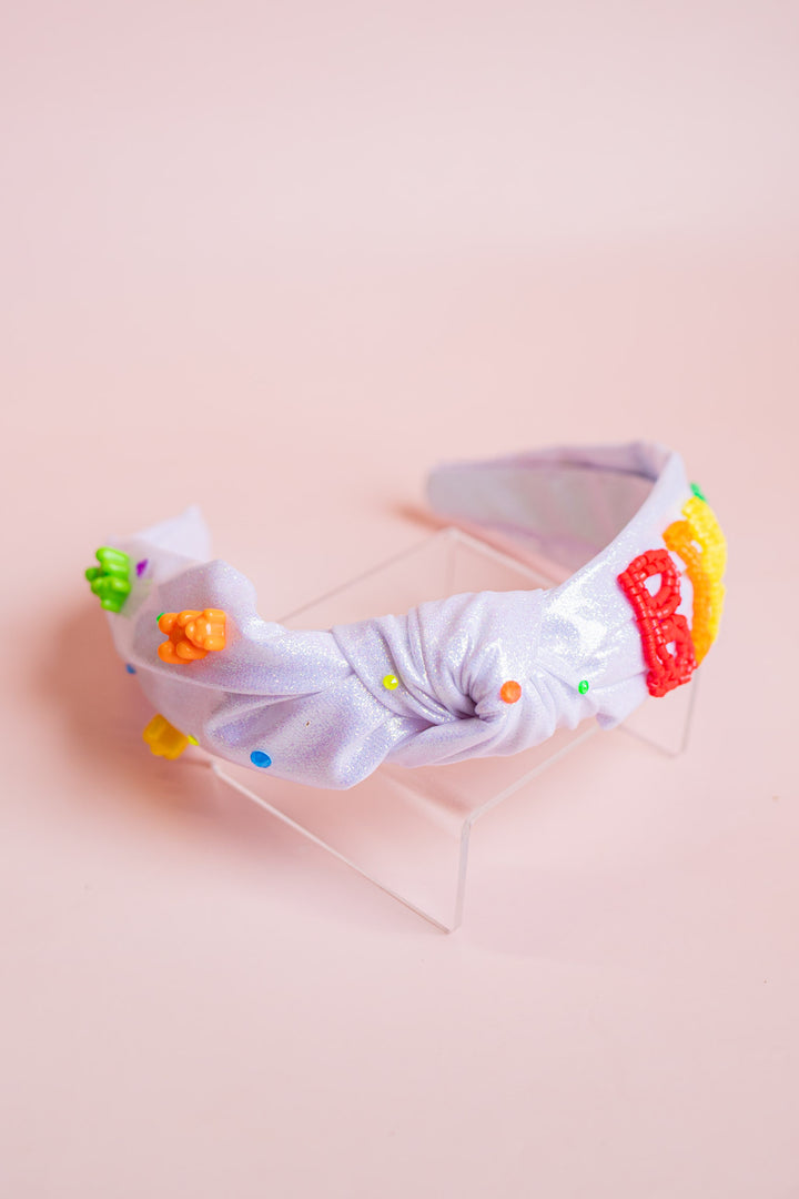 Beaded Gummy Bear Birthday Knot Headband | White