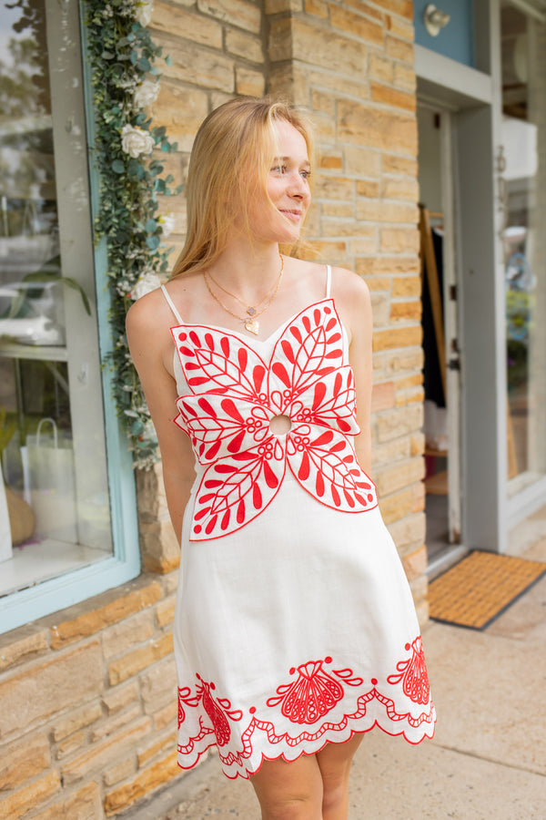 Red Embroidered Scallop Edge Dress