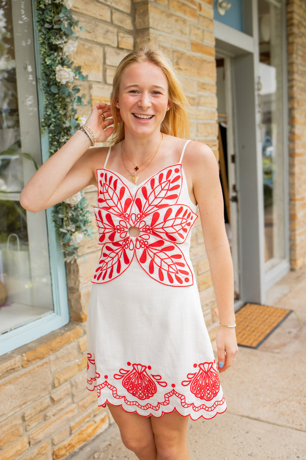 Red Embroidered Scallop Edge Dress