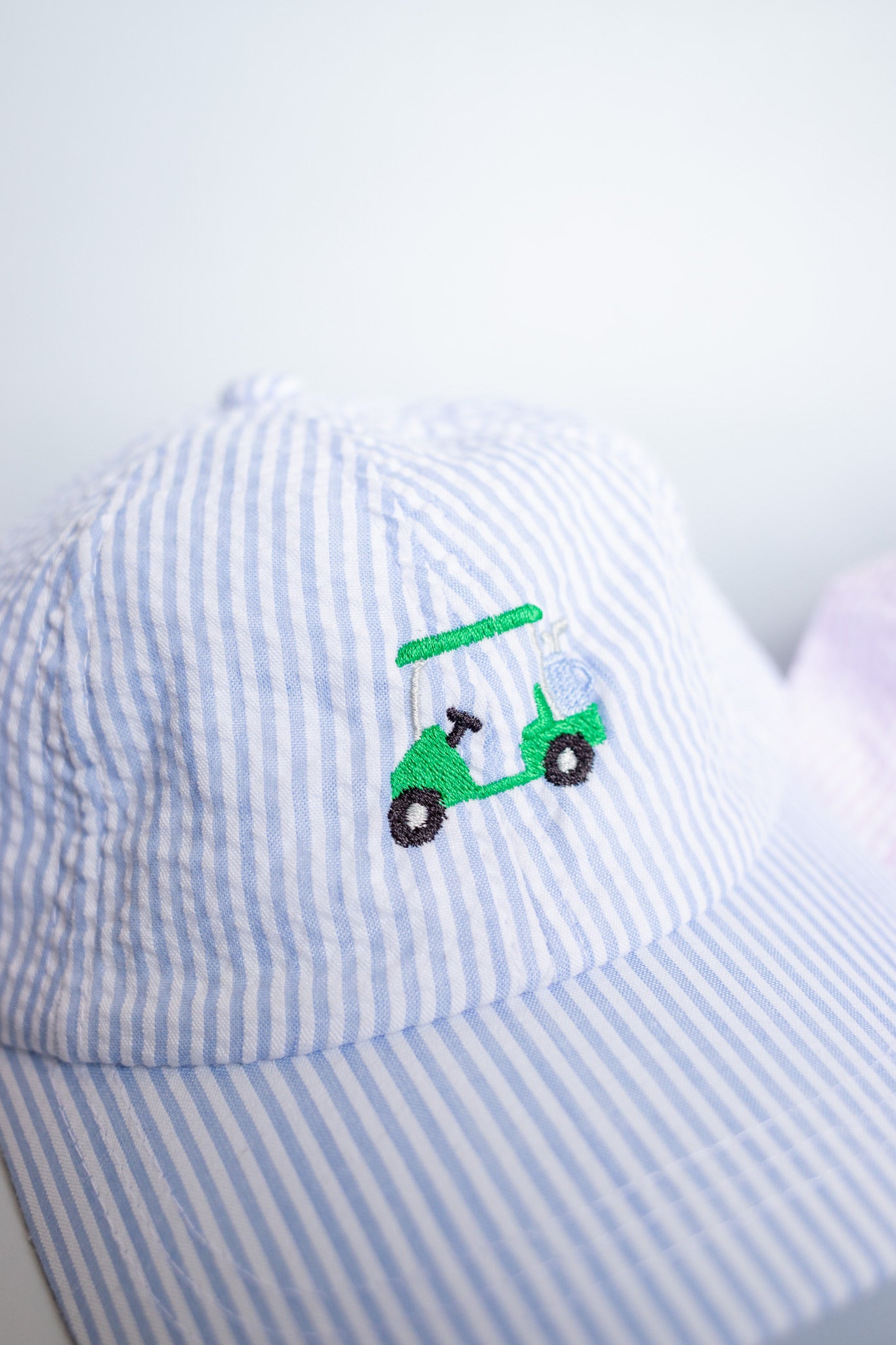 Embroidered Seersucker Ball Cap | Blue Golf Cart