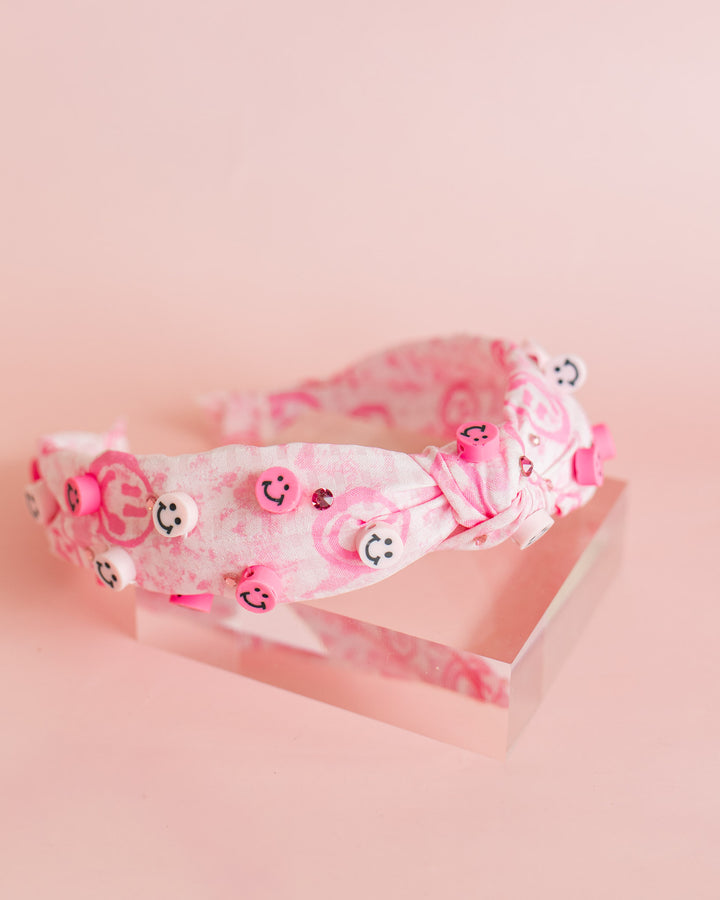 Smiley Charm Knot Headband | Pink Gingham