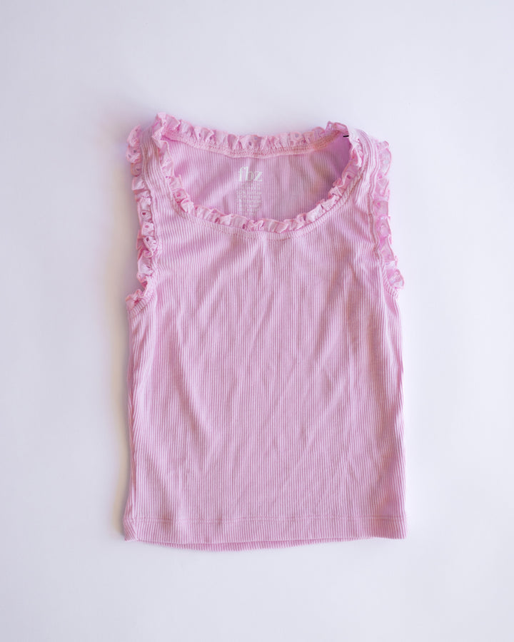 Eyelet Ruffle Trim Ribbed Tank | Pink