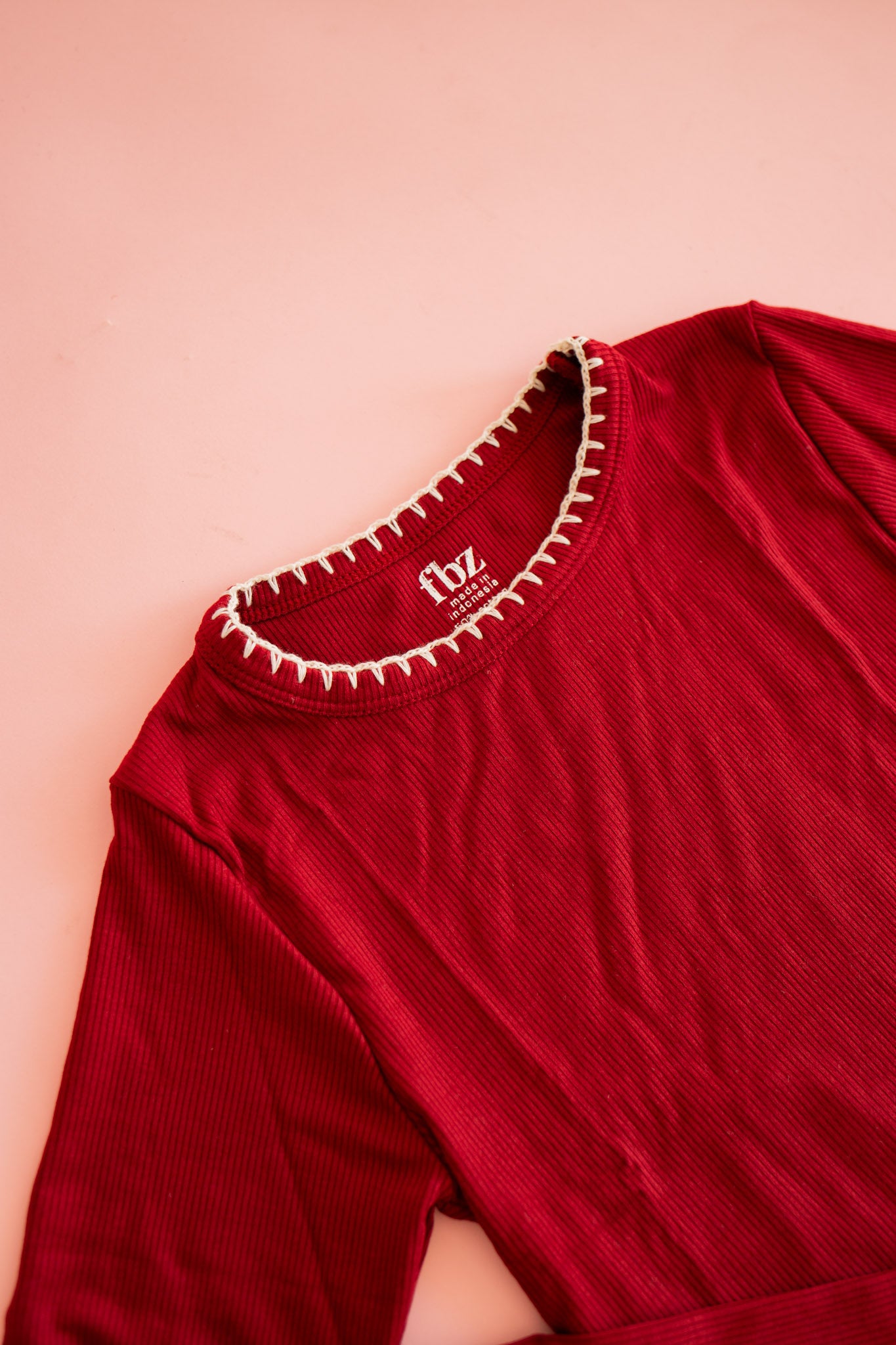 Rib Long Sleeve | Maroon with Blanket Stitch