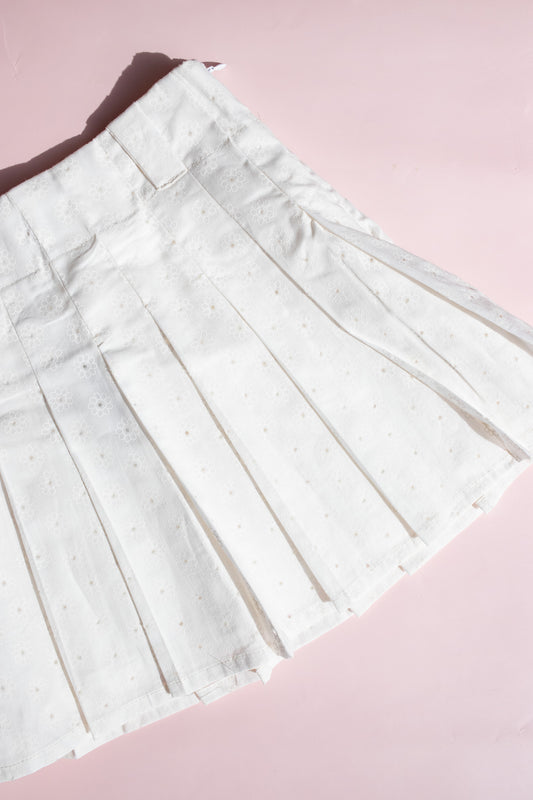 Emily Eyelet Pleated Skirt | White