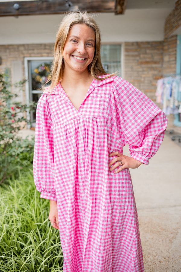 Pink Seersucker Gingham Midi Dress