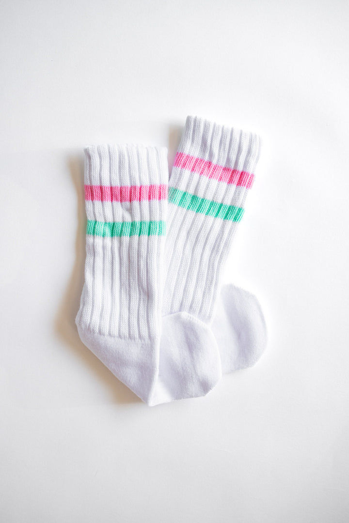 XOXO by Magpies Crew Socks | Pink + Aqua Stripe