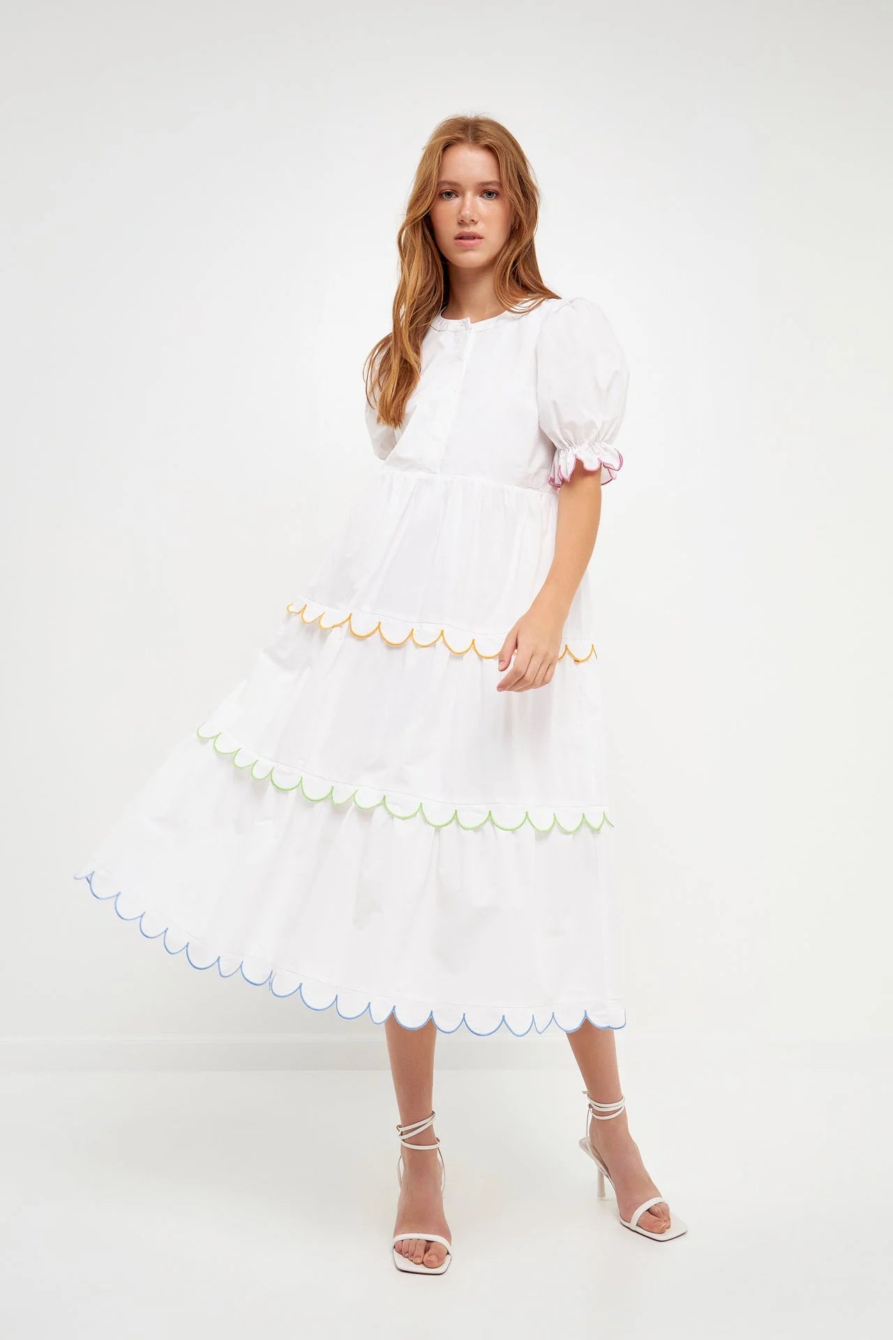 Scalloped Edge Midi Dress | White Multi