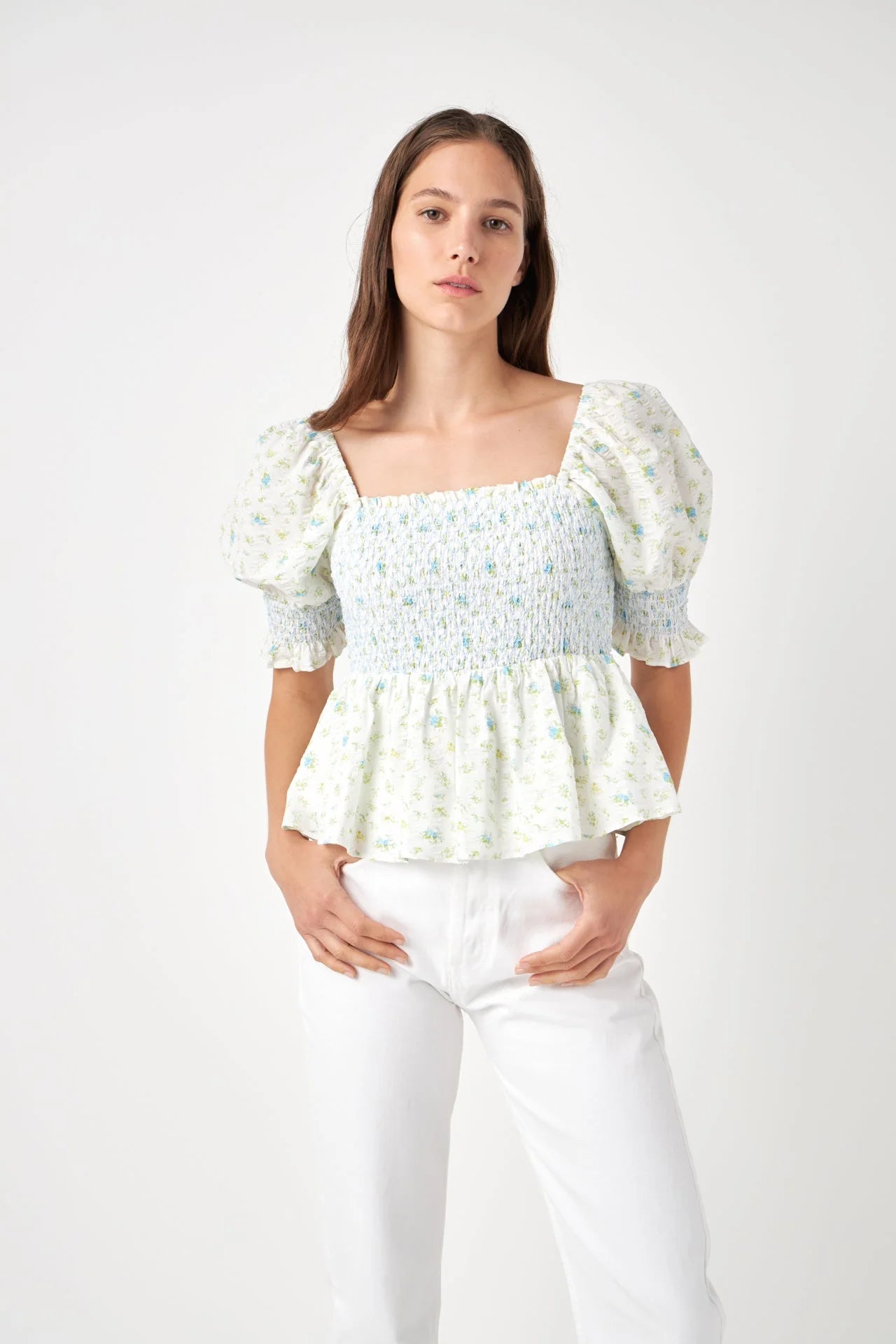 Smocked Floral Puff Sleeve Top | Blue Multi