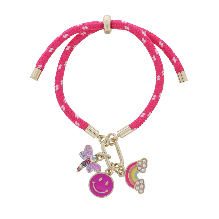 Hot Pink Rope Bracelet | Smiley Face, Rainbow, & Dragon Fly Charms