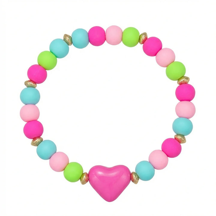 Lime, Pink, & Hot Pink Rubber Ball Beaded Stretch Bracelet | Fuschia Heart