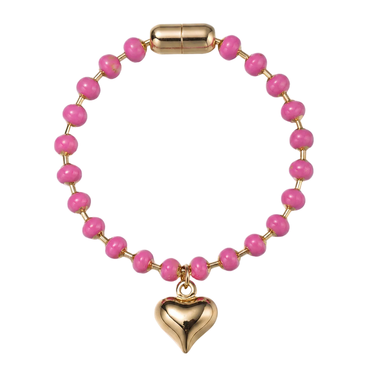 Hot Pink Ball Beaded Bracelet | Gold Bubble Heart Charm