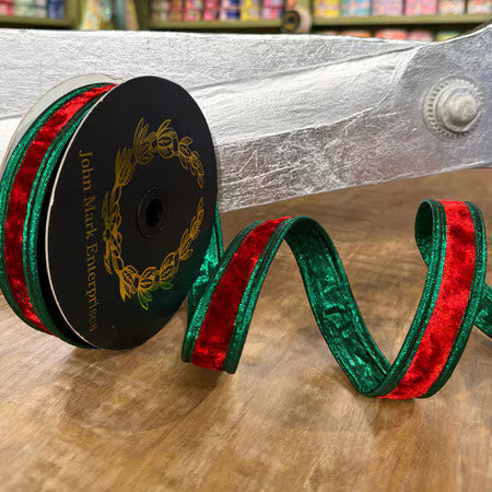Red Velvet DBL Fused Metallic Dupion Green Piping | 1 x 10yd