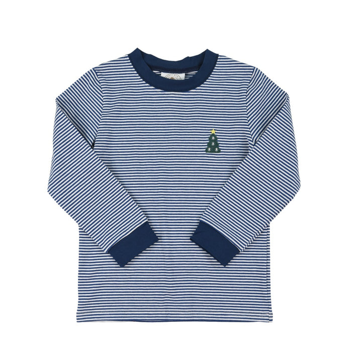 Navy Stripe Christmas Tree Crew Cuff Longsleeve Tee