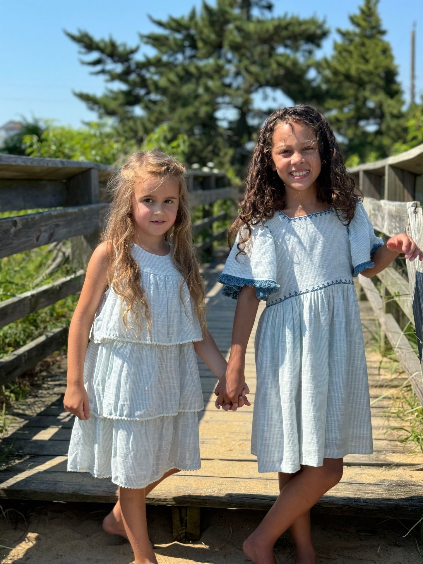 Angel Sleeve Dress | Blue + Ivory Mini Stripe