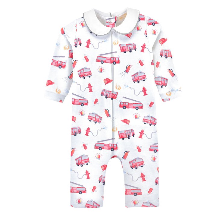 Round Collar Printed Playsuit | Fire Trucks