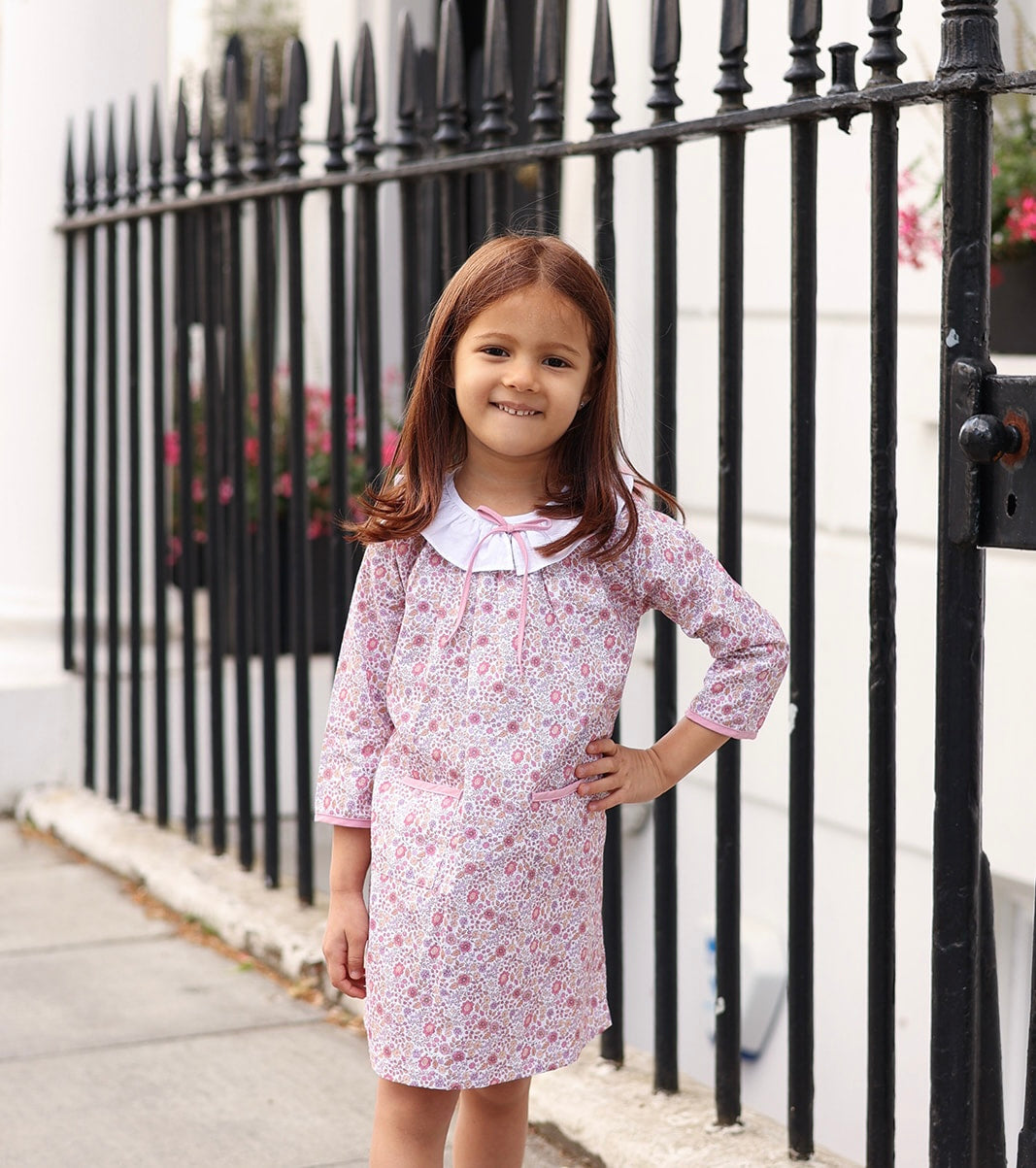 Pink Fall Floral Dress with Bow