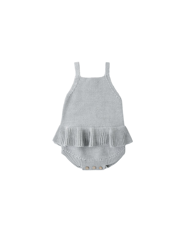 KNIT RUFFLE ROMPER HEATHERED SKY