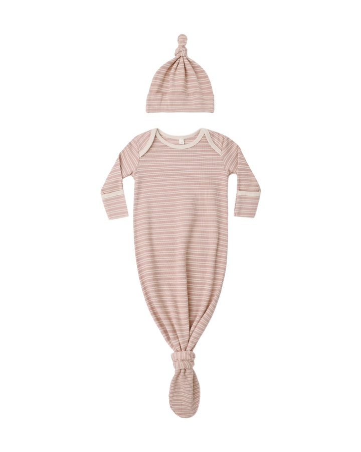 KNOTTED BABY GOWN + HAT SET DUSTY ROSE MICROSTRIPE