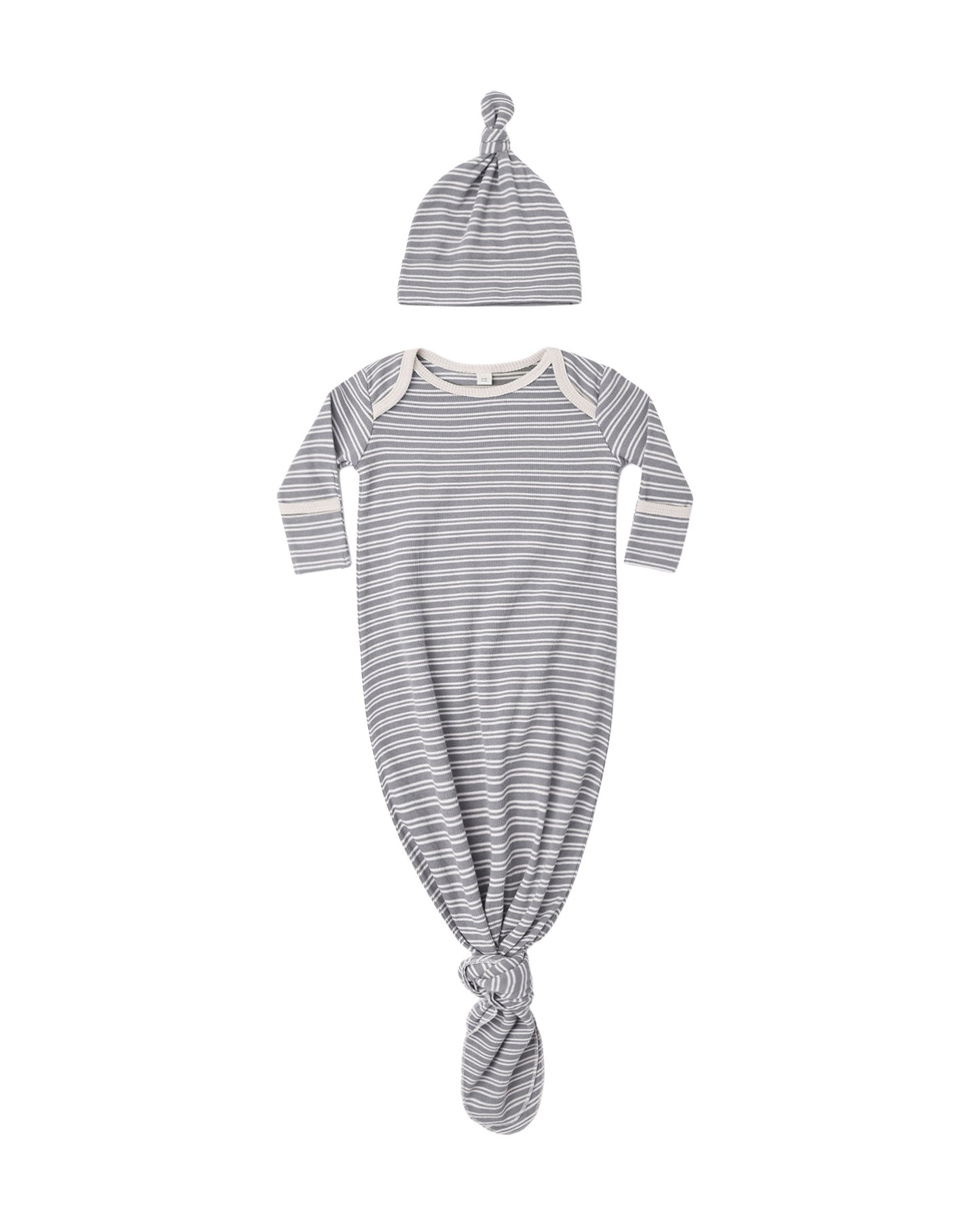 KNOTTED BABY GOWN + HAT SET SLATE MICROSTRIPE