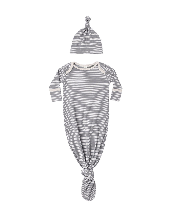 KNOTTED BABY GOWN + HAT SET SLATE MICROSTRIPE