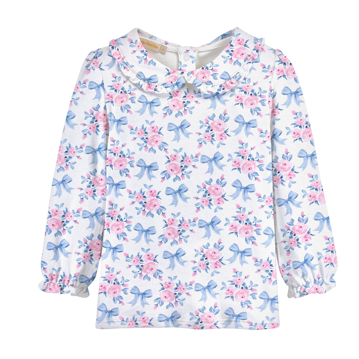 Round Collar Printed Long Sleeve | Blue Floral Bows