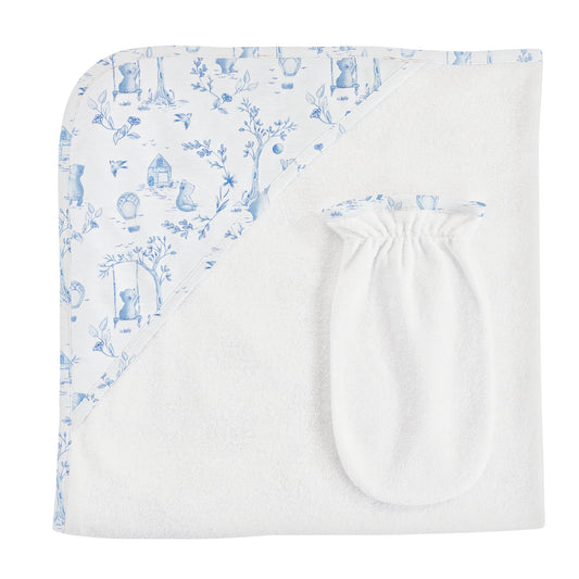 Hooded Towel + Mitt Set | Blue Toile De Jouy