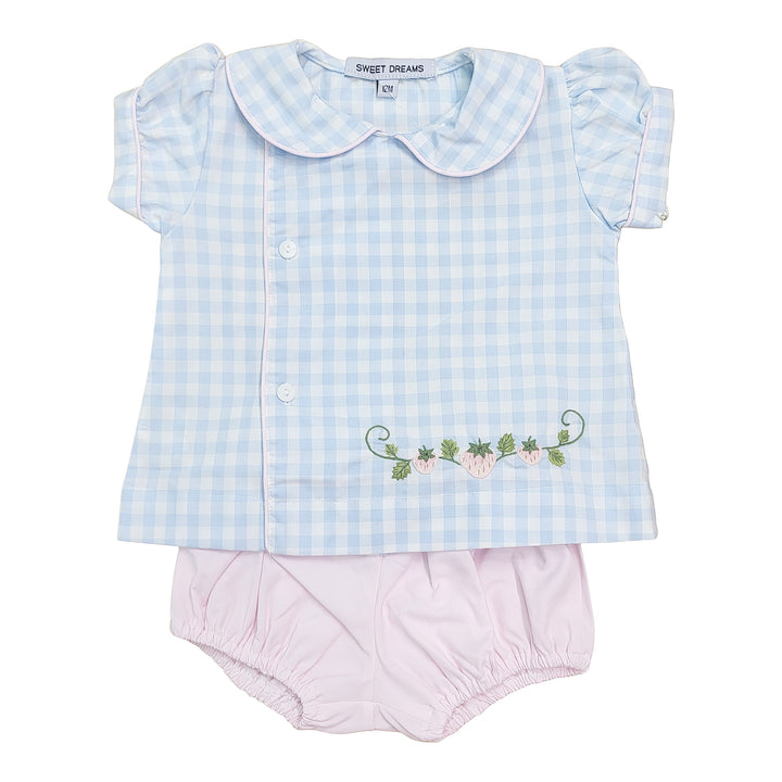 Blue Embroidered Strawberry Diaper Set