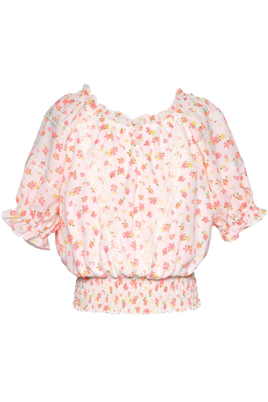 Floral Peasant Top With Lace Trim