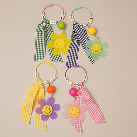 Happy Face Flower Plaid Bow Keychain | Pink