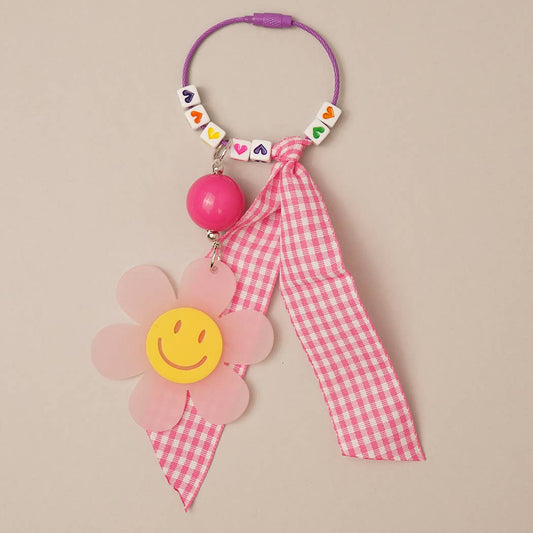 Happy Face Flower Plaid Bow Keychain | Pink