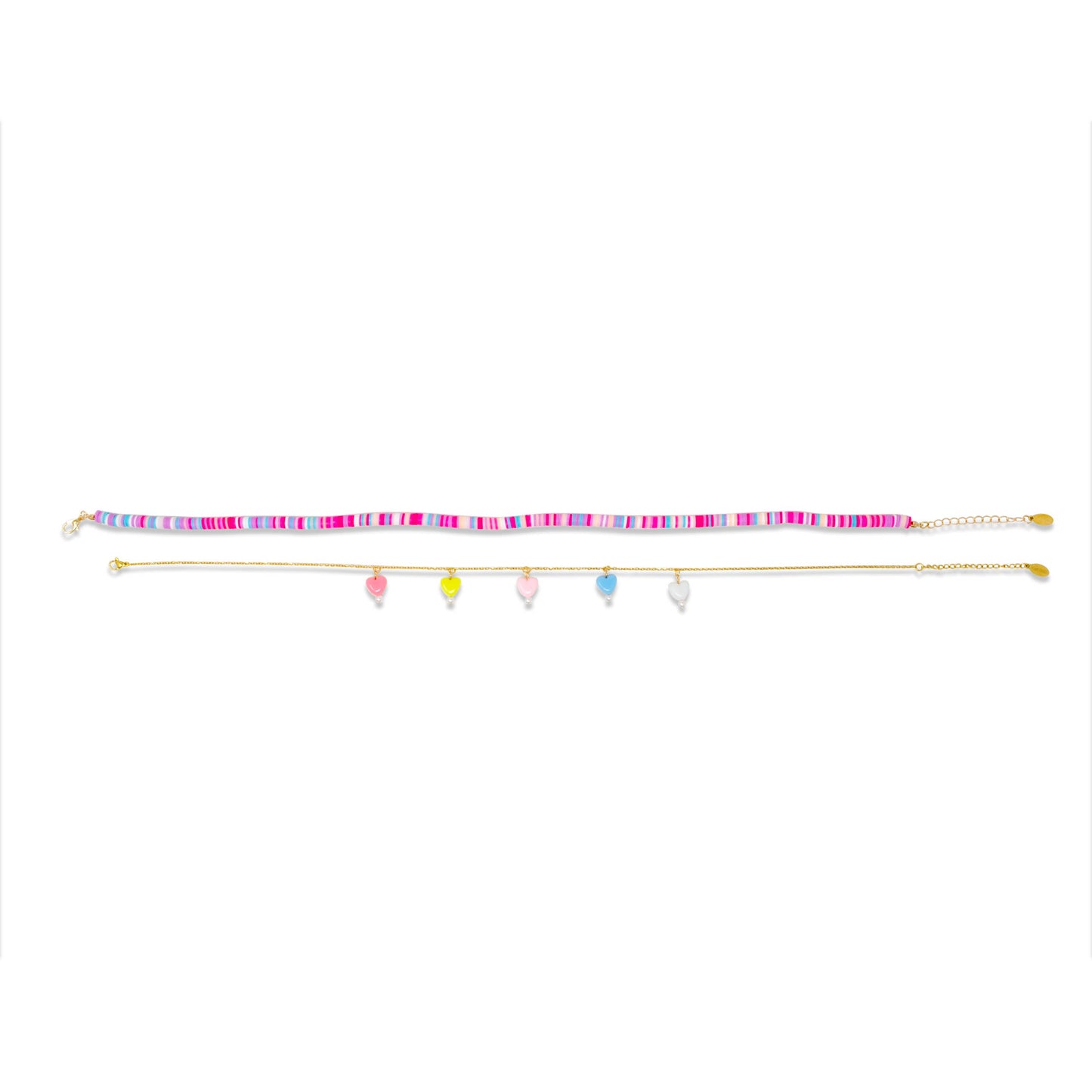 Girl's Colorful Disk Necklace & Charm Duo - Hearts