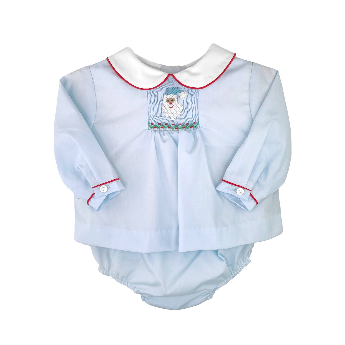 Blue Hand Smocked Santa Diaper Set